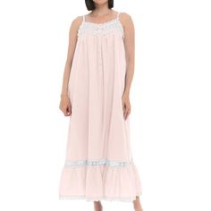 This soft 100 percent cotton poplin nightgown for women from Alexander Del Rossa is comfortable, durable, and classy. Made from a premium 100% cotton fabric, this women's vintage looking nightgown is breathable and easy on the skin. Designed with you in mind, this victorian nightgown is perfect for lounging around the house - even when guests are present. Narrow cotton lace trimmed shoulder straps. Gathered front with long narrow placket with 8 pearl shell buttons. Back is also gathered flowing Feminine Cotton Nightgown For Pajama Party, Feminine Nightgown For Home, Feminine Cotton Nightgown For Sleepovers, Pink Cotton Nightgown With Lace Trim, Feminine Cotton Nightgown For Hospital, Victorian Nightgown, Cotton Nightgown, Lace Vintage, Night Dress For Women