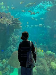 a person standing in front of a large aquarium filled with lots of different types of fish