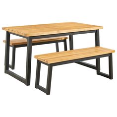 two wooden benches sitting next to each other on top of a white background with black legs