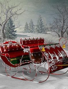 two red sleighs sitting in the snow with christmas decorations on it's sides