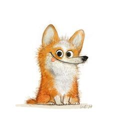 a drawing of a little fox with big eyes and a smile on its face, sitting in front of a white background