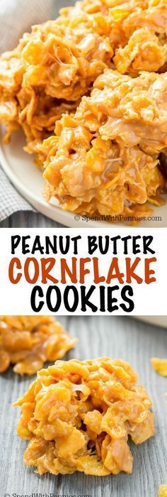 peanut butter cornflake cookies on a white plate with the words, peanut butter cornflake cookies