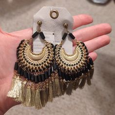 Nwt Anthropologie Gold And Black Boho Earrings Leather Tag Pull Is Cut, But Earrings Are New. Black Tassel Jewelry For Party, Black Dangle Hoop Earrings For Party, Black Tassel Party Jewelry, Bohemian Black Metal Hoop Earrings, Black Tassel Earrings With Black Beads For Gift, Black Dangle Tassel Jewelry, Black Dangle Jewelry With Tassels, Black Tassel Earrings For Party, Trendy Black Earrings For Festivals