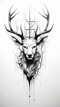 a black and white drawing of a deer's head with the cross in the background