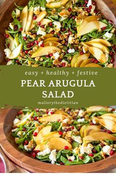 This festive Pear Arugula Salad with a simple maple dressing is a delicious salad for any time of year, but it's especially perfect for the holiday table! The sweetness of the pears coupled with peppery arugula and topped with creamy goat cheese, pomegranate, and crunchy walnuts takes this from a simple salad to unbeatable. Click to make this Pear Salad with Pomegranates and follow for more nutritious recipes from a dietitian including healthy salad recipes and holiday side dish ideas. Farro And Arugula Salad, Kale And Pear Salad, Christmas Salad With Goat Cheese, Pecan Pear Salad, Salad Ideas Arugula, Pear Pomegranate Spinach Salad, Arugula Pomegranate Salad Goat Cheese, Arugula Dressing Recipes, Arugula Christmas Salad