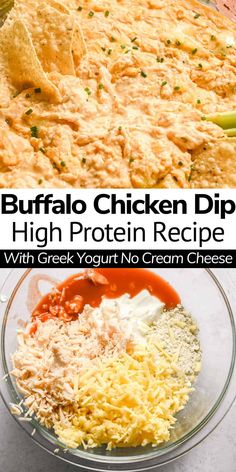 buffalo chicken dip recipe with greek yogurt and cream cheese in a glass bowl