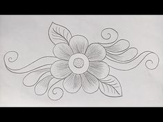 a drawing of a flower with swirls and leaves on the bottom half of it