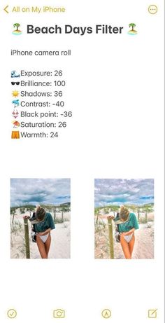 the beach days filterr app is open and showing two different photos, one with a woman