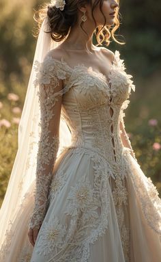 a woman wearing a wedding dress with long sleeves and flowers in her hair is posing for the camera