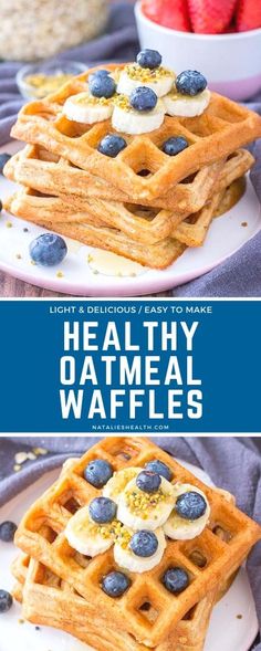 healthy oatmeal waffles with blueberries and banana slices on top