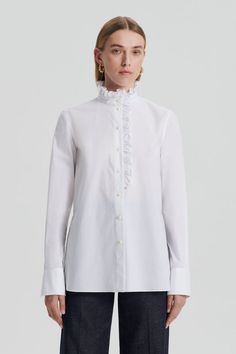 PARACHUTE RUFFLE TRIM SHIRT - WHITE - Scanlan Theodore Office Shirt With Ruffled Collar And Details, Feminine Ruffled Office Shirt, Classic Ruffled Shirt For Office, Classic Shirt With Ruffled Collar For Office, Classic Office Shirt With Ruffled Collar, White Cotton Shirt With Ruffled Collar, White Classic Top With Ruffled Collar, Classic White Top With Ruffled Collar, White Ruffled Shirt For Formal Occasions