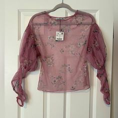 This Fun Blush-Colored Zara Top Is Nwt And Features A Feminine Floral Design With Puffed Sleeves. It Is A Size Small And Comes From A Smoke And Pet Free Home! Sheer Lantern Sleeve Tops For Spring, Feminine Long Sleeve Sheer Top, Feminine Sheer Long Sleeve Tops, Pink Long Sleeve Blouse With Sheer Sleeves, Sheer Fitted Top With Lantern Sleeves, Fitted Sheer Top With Lantern Sleeves, Long Sleeve Floral Print Top For Party, Pink Long Sleeve Top With Sheer Sleeves, Pink Top With Sheer Long Sleeves