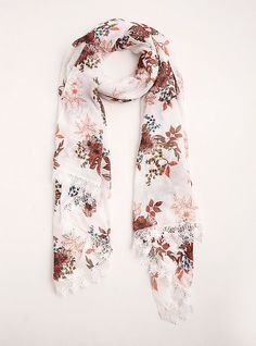 This is our warm-weather scarf alternative. The ultra lightweight and breezy ivory linen is printed with a gorgeous swirling floral print all over. The white lace trim adds boho babe appeal. One size. Polyester. Hand wash cold, dry flat. Imported. The best plus size women's floral print lace trim scarf scarves in dreaming lelani. Torrid is your destination for cozy fall and winter clothes to keep you warm and comfortable. Summer Shawl Scarf With Floral Print, White Spring Scarves For Vacation, White Scarf For Spring Vacation, White Scarves For Spring Vacation, Bohemian Printed Scarves For Summer, Spring Floral Print Beach Scarves, White Floral Print Scarves For Spring, Cream Floral Print Scarves For Spring, Beige Floral Print Scarves For Spring