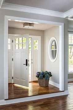 an empty entryway with a potted plant on the floor