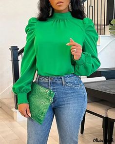 Color: green, Size: S Style Vert, Stand Collar Blouse, Puff Long Sleeves, Puff Sleeve Blouse, Orange Fashion, Turtle Neck Top, Puff Sleeve Top, Fashion Pattern, Outfit Casual