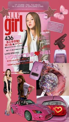 the girl magazine cover is shown with pink and silver items on it's side