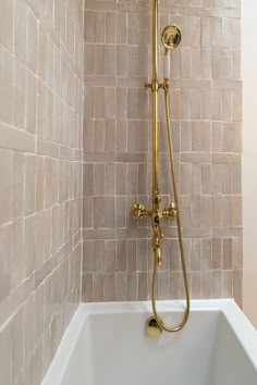 a bathtub with a gold faucet and shower head