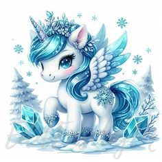 a cute little pony with blue hair and wings sitting in the snow surrounded by trees