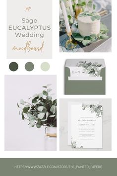 the wedding stationery is shown with greenery and white flowers, including eucalyptus leaves