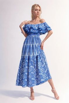 Slash Neck Midi Dresses With Embroidery Embroidered Maxi Length Sundress, Embroidered Sundress Maxi Length, Off-shoulder Cotton Dress For Vacation, Cotton Off-shoulder Beach Dress, Off-shoulder Cotton Beach Dress, Cotton Off-shoulder Vacation Dress, Off-shoulder Cotton Vacation Dress, Embroidered Off-shoulder Dress For Vacation, Chic V-neck Midi Dress With Smocked Back