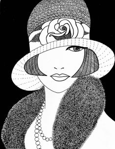 a black and white drawing of a woman wearing a hat with a rose on it