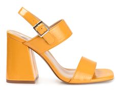 Instantly add a glam finish to any look with the Adras by Journee Collection. This block-heeled strappy sandal features patent vegan leather uppers and an open square toe for a retro look. A padded footbed completes the design for extra comfort. Patent Vegan Leather upper, Double band design, Ankle strap / Adjustable buckle closure, Open / Square toe,4 inch block heel, Padded insole for added comfort, Man-made synthetic outsole | Women's Journee Collection Adras Dress Sandals in Orange Size 9 Me Olive Shoes, Snake Shoes, Metallic Flats, Band Design, Black Shoes Women, Wide Calf Boots, Block Heel Boots, Pointed Toe Shoes, Suede Wedges