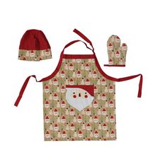 an apron, hat and mitten set with santa claus on it for the kitchen