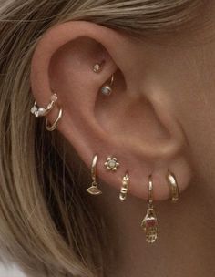 a close up of a person wearing ear piercings with different types of jewelry on them