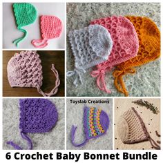 six crochet baby bonnets are shown with the text, 6 crochet baby bonnet patterns