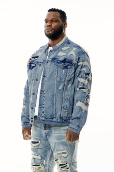 - 98% cotton, 2% spandex- Aspen Blue-Ã‚Â Heavy bleached washing- Stretchy denim fabric- Antique silverÃ‚Â button with 'Smoke Rise' logo- Heavy ripoff with black backing and zigzag stitches Rise Logo, Denim Jacket Fashion, Silver Button, Bleach Wash, Denim Branding, Mens Big And Tall, Black Button, Big And Tall, Denim Fabric