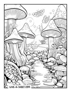 an adult coloring page with mushrooms and water