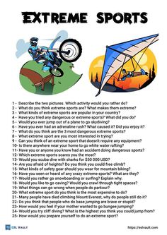 extreme sport conversation questions Pictures To Describe, Speaking Activities Esl, Sport English, Hello English, Speaking Cards, Journal Prompts For Kids, Conversation Questions, English Lesson Plans, Speaking Practice