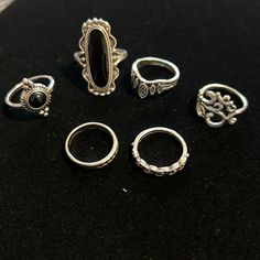 Nickel Free Vary In Size To Stack Costume Jewelry 2000s Grunge Accessories, Black Stackable Rings, Whimsigoth Rings, Rings Grunge, 80 Jewelry, Collage Clothes, Whimsigoth Jewelry, Yellow Citrine Ring, Fancy Stuff