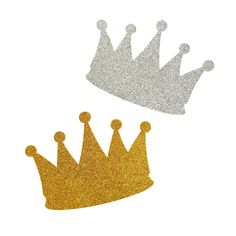 two silver and gold crowns are shown on a white background, one has a glitter crown