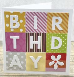 a birthday card with the words, happy birthday written in different colors and shapes on it