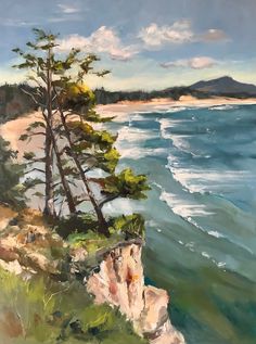 an oil painting of a tree on a cliff overlooking the ocean