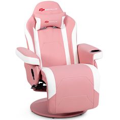 a pink and white gaming chair with the seat up to it's foot rest