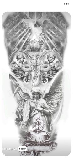 the back side of a man's arm with an angel and angels on it