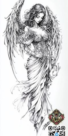 a drawing of an angel with large wings and flowers on her body, in black and white