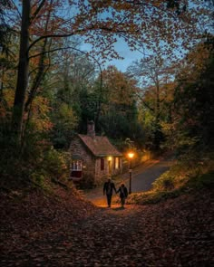 two people walking down a path towards a house in the woods at night with lights on