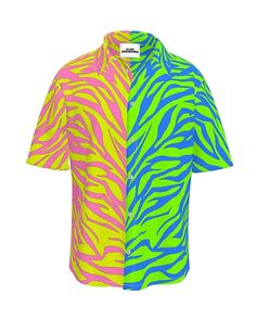 Step into a neon oasis with "Neon Savannah Raw Fabric, Create Shirts, Neon Blue, Supima Cotton, Short Sleeve Button Up, Mother Of Pearl Buttons, Pima Cotton, Neon Pink, Bold Colors