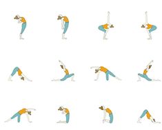 woman doing yoga poses in various positions on the white background, set of nine illustrations