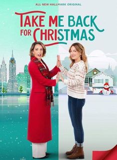 two women standing next to each other in front of a christmas card with the words take me back for christmas