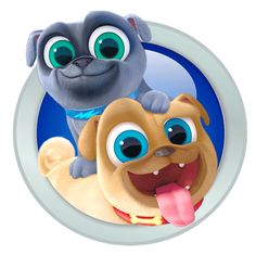 a cartoon dog with big blue eyes and his tongue hanging out to another dog's face