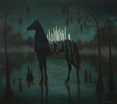 a horse is standing in the water with candles on it's back and surrounded by trees