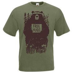 "Free Hugs Bear T-shirt Funny Bear Cool Tee AVAILABLE SIZES: S,M,L,XL,2XL,3XL COLOR: HEATHER GREY, WHITE, CLASSIC OLIVE, KHAKI CONDITION: BRAND NEW T-SHIRT SPECS : 100% high quality pre-shrunk cotton (165 g/m2) jersey). Taped neck and shoulders, twin needle stitching, seamless collar. PRINT: Highest quality print - not cheap \"iron-on\" transfers! MEASUREMENTS : width - armpit to armpit ; length - the body length is measured in a straight line from the highest point of the shoulder at the join o Funny Bears, Free Hugs, Bear Shirt, Bear T Shirt, Cool Tech, Friends Tv, Trendy Tee, Shirt Collection, T Shirt Funny