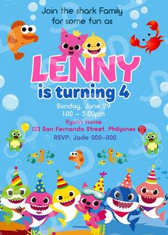 a birthday party flyer with cartoon animals on the front and bottom, along with an ocean background