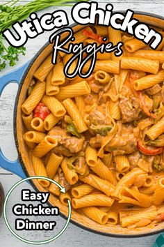 the cover of an easy chicken dinner recipe with pasta in a blue skillet on a white wooden table