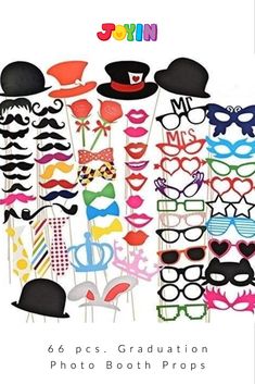 a large assortment of photo booth props with hats, glasses and mustaches on them