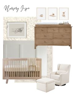 a baby's nursery room with furniture and decor